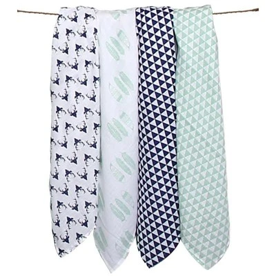 Bacati - Noah Mint/Navy Buck/Feathers/Triangles Muslin Swaddling Blankets Set Of 4 5 Bacati - Noah Mint/Navy Buck/Feathers/Triangles Muslin Swaddling Blankets Set Of 4 - Image 3