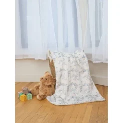 Nicole Miller Abstract Floral Printed Mink/Sherpa Throw Blanket - White