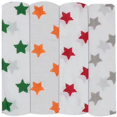 Bacati - Stars Neutral Swaddling Muslin Blankets Of 4 (Green,Orange,Red,Gray) 5 Bacati - Stars Neutral Swaddling Muslin Blankets Of 4 (Green,Orange,Red,Gray) - Image 3