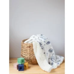 Lila And Jack Baby Blanket Blue Rocket Printed Mink With Natural Sherpa Backing Kids' Throw