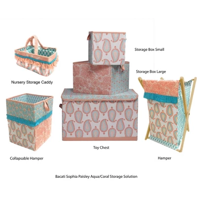 Bacati - Sophia Paisley Aqua/Coral Laundry Hamper With Wooden Frame 4 Bacati - Sophia Paisley Aqua/Coral Laundry Hamper With Wooden Frame - Image 2