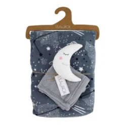Lila And Jack Gray With Black & White Stars Fleece Kids' Throw With White And Gray Moon Lovey Set