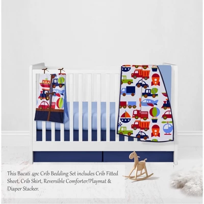 Bacati - Transportation Blue Navy Green Red Orange 4 Pc Crib Bedding Set With Diaper Caddy 4 Bacati - Transportation Blue Navy Green Red Orange 4 Pc Crib Bedding Set With Diaper Caddy - Image 2