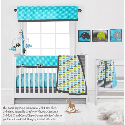 Bacati - Elephants Aqua/Lime/Gray 10 Pc Crib Bedding Set With Long Rail Guard Cover 6 Bacati - Elephants Aqua/Lime/Gray 10 Pc Crib Bedding Set With Long Rail Guard Cover - Image 4