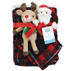 Hudson Baby Unisex Baby Plush Blanket With Toy, Rudolph And Santa Plaid, One Size