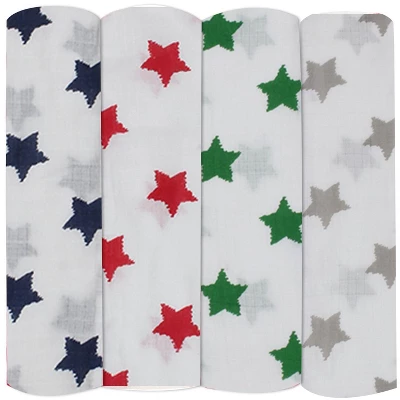Bacati - Stars Boys Swaddling Muslin Blankets Of 4 (Navy,Green, Red,Gray) 5 Bacati - Stars Boys Swaddling Muslin Blankets Of 4 (Navy,Green, Red,Gray) - Image 3