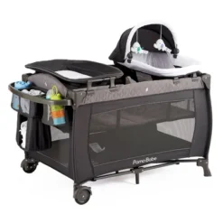 Pamo Babe Foldable Portable Nursery Center Foldable Bassinet Play Yard Crib Sleeper With 2 Wheels, Changing Table, And Carry Bag, Gray