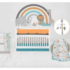 Bacati - Jungle Safari Boys Aqua/Orange Muslin 8 Pc Crib Bedding Set With 2 Swaddling Blankets