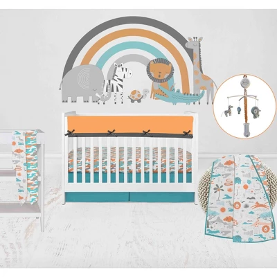 Bacati - Jungle Safari Boys Aqua/Orange Muslin 8 Pc Crib Bedding Set With 2 Swaddling Blankets 3 Bacati - Jungle Safari Boys Aqua/Orange Muslin 8 Pc Crib Bedding Set With 2 Swaddling Blankets